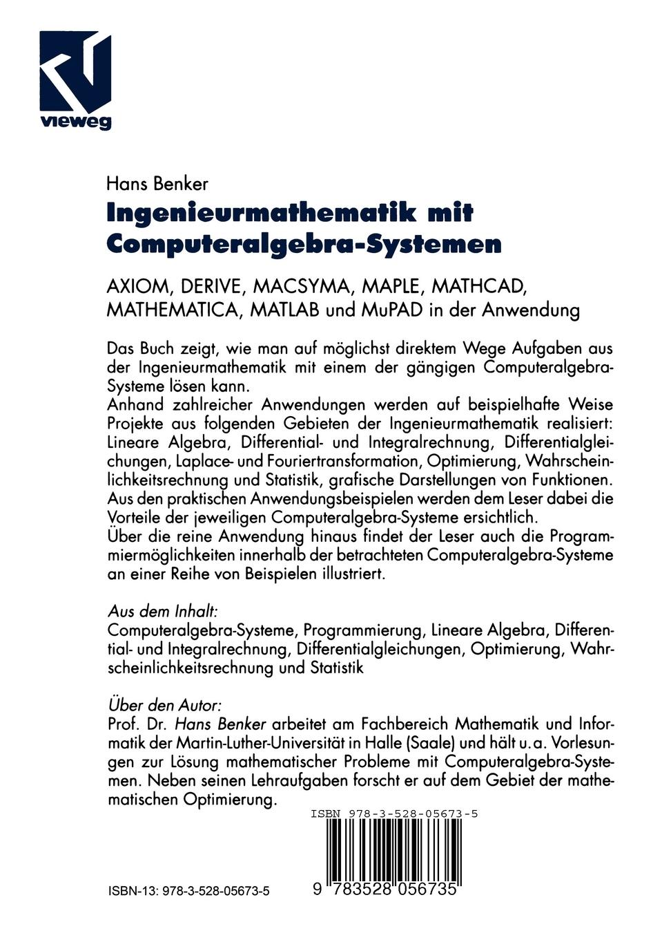 Rückseite: 9783528056735 | Ingenieurmathematik mit Computeralgebra-Systemen | Hans Benker | Buch
