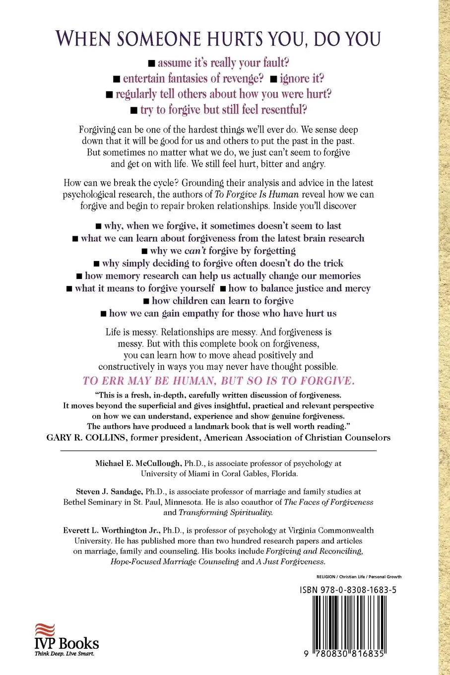 Rückseite: 9780830816835 | To Forgive Is Human | How to Put Your Past in the Past | Taschenbuch