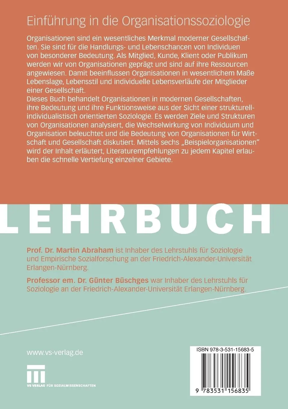 Rückseite: 9783531156835 | Einführung in die Organisationssoziologie | Günter Büschges (u. a.)