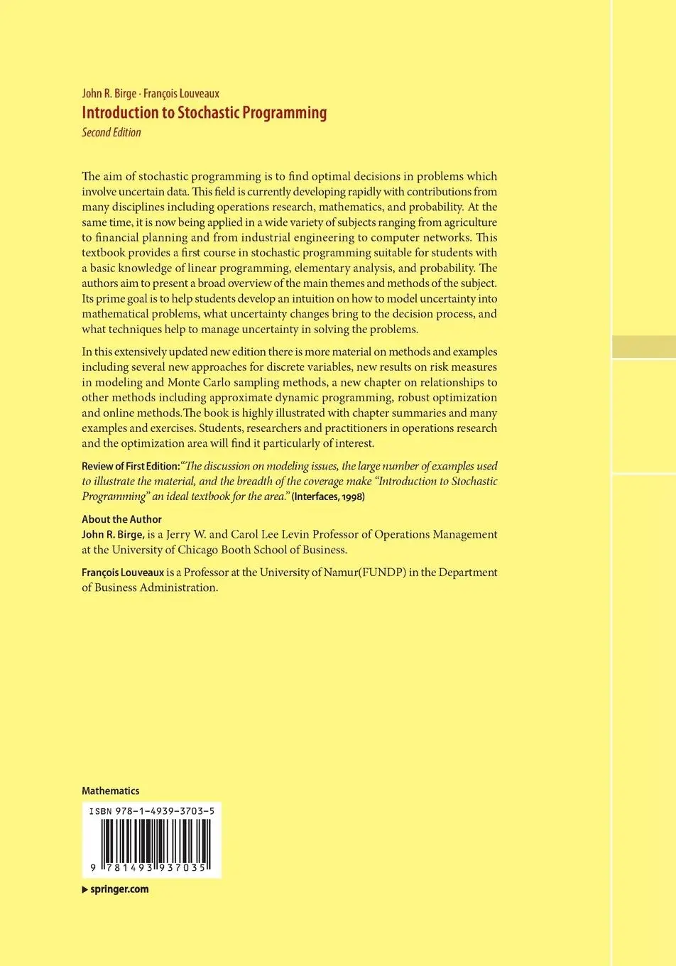 Rückseite: 9781493937035 | Introduction to Stochastic Programming | François Louveaux (u. a.)
