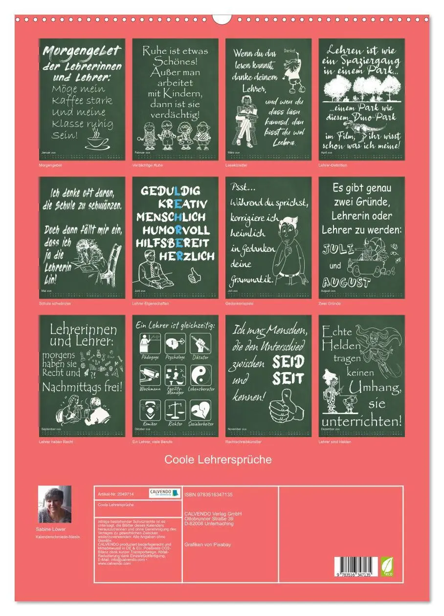 Bild: 9783516347135 | Coole Lehrersprüche (Wandkalender 2026 DIN A2 hoch), CALVENDO...