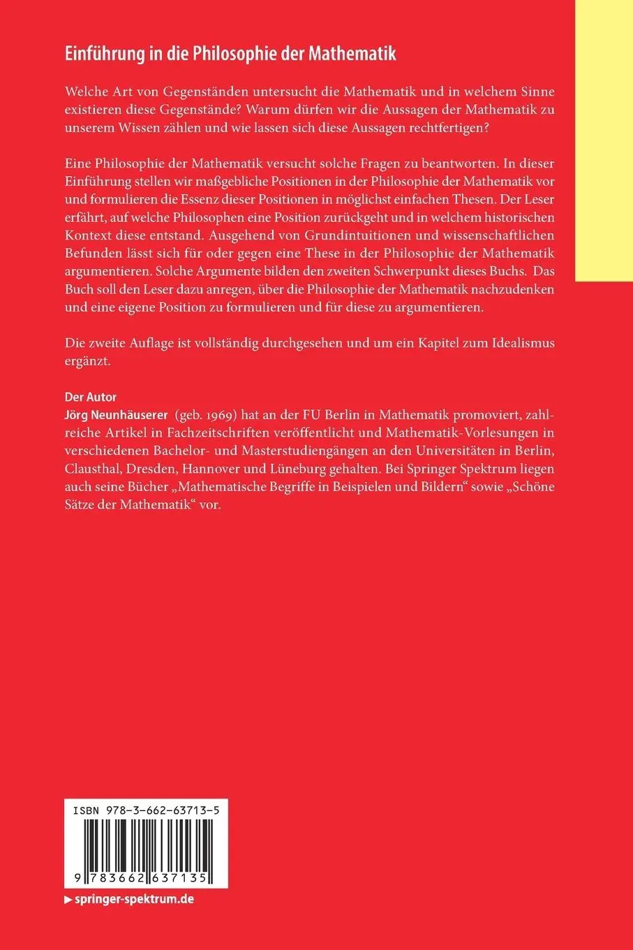 Rückseite: 9783662637135 | Einführung in die Philosophie der Mathematik | Jörg Neunhäuserer