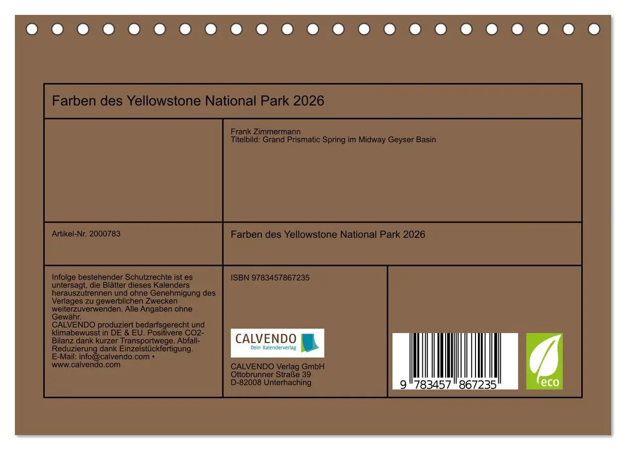 Bild: 9783457867235 | Farben des Yellowstone National Park 2026 (Tischkalender 2026 DIN...