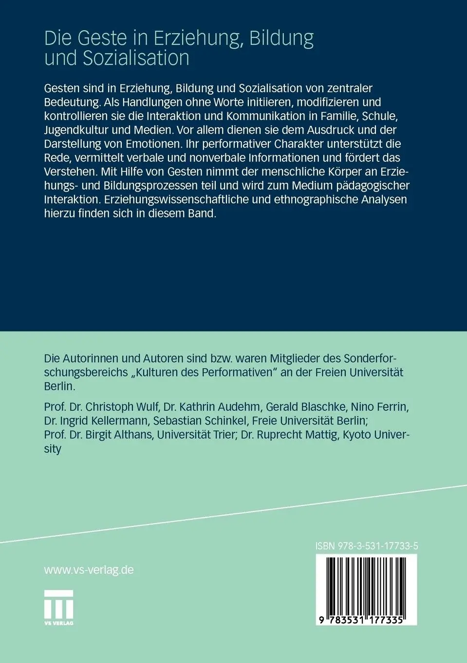 Rückseite: 9783531177335 | Die Geste in Erziehung, Bildung und Sozialisation | Wulf (u. a.)