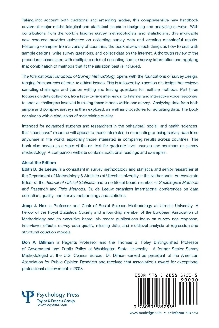 Rückseite: 9780805857535 | International Handbook of Survey Methodology | Leeuw (u. a.) | Buch