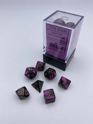Cover: 601982037635 | Gemini® Mini-hedral™ Black-Purple/gold 7-Die Set | Chessex