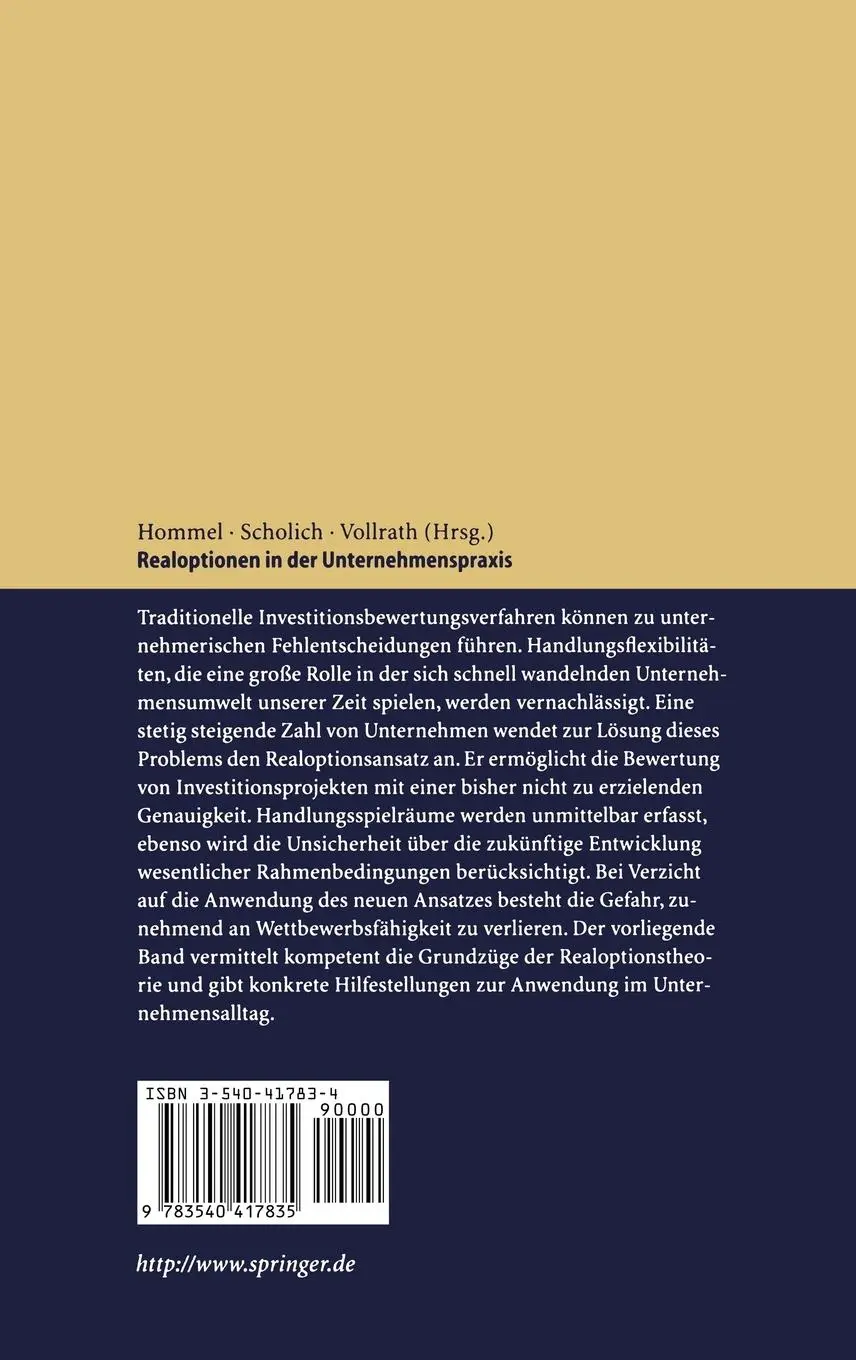 Rückseite: 9783540417835 | Realoptionen in der Unternehmenspraxis | Ulrich Hommel (u. a.) | Buch