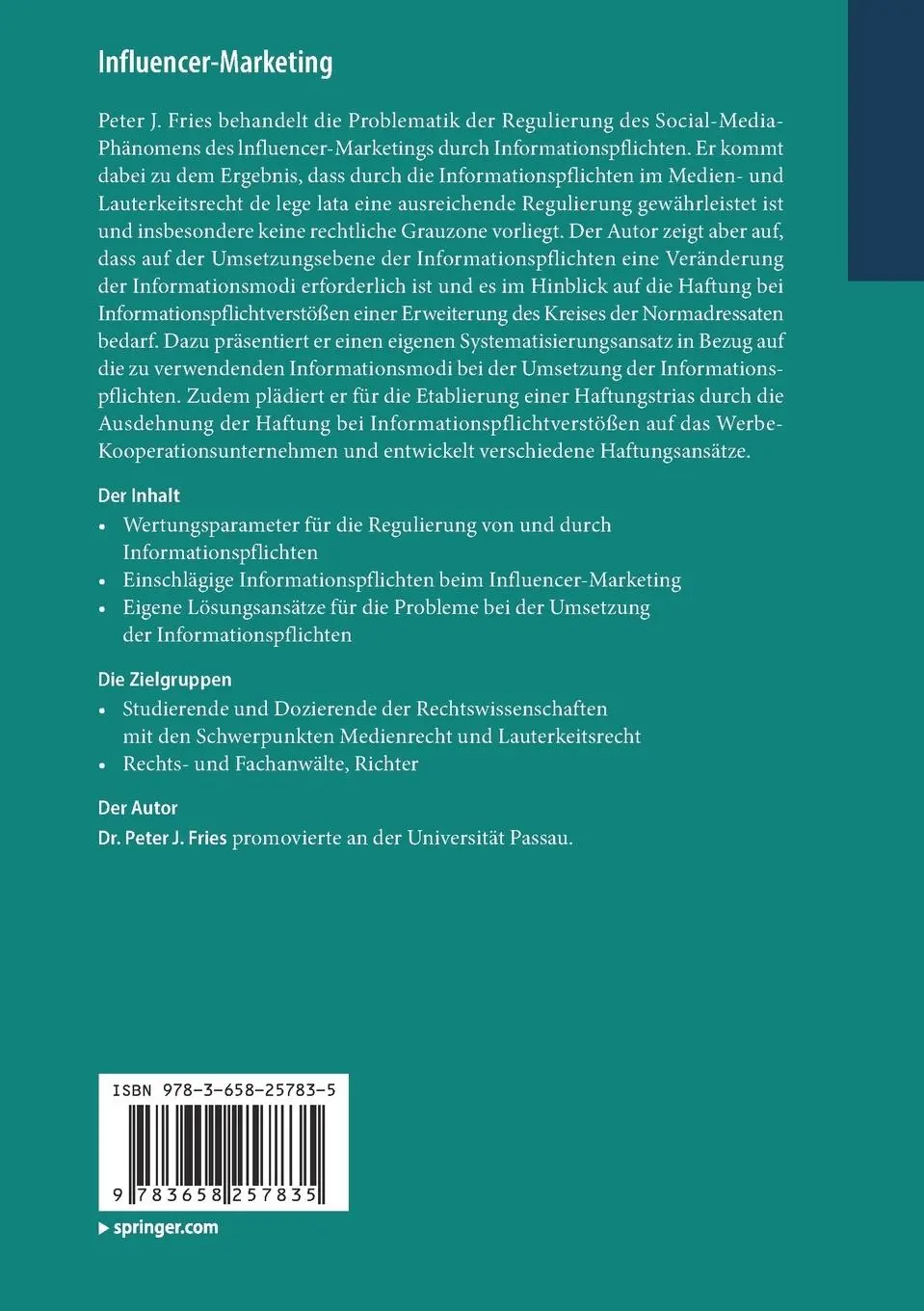 Rückseite: 9783658257835 | Influencer-Marketing | Peter J. Fries | Taschenbuch | xi | Deutsch