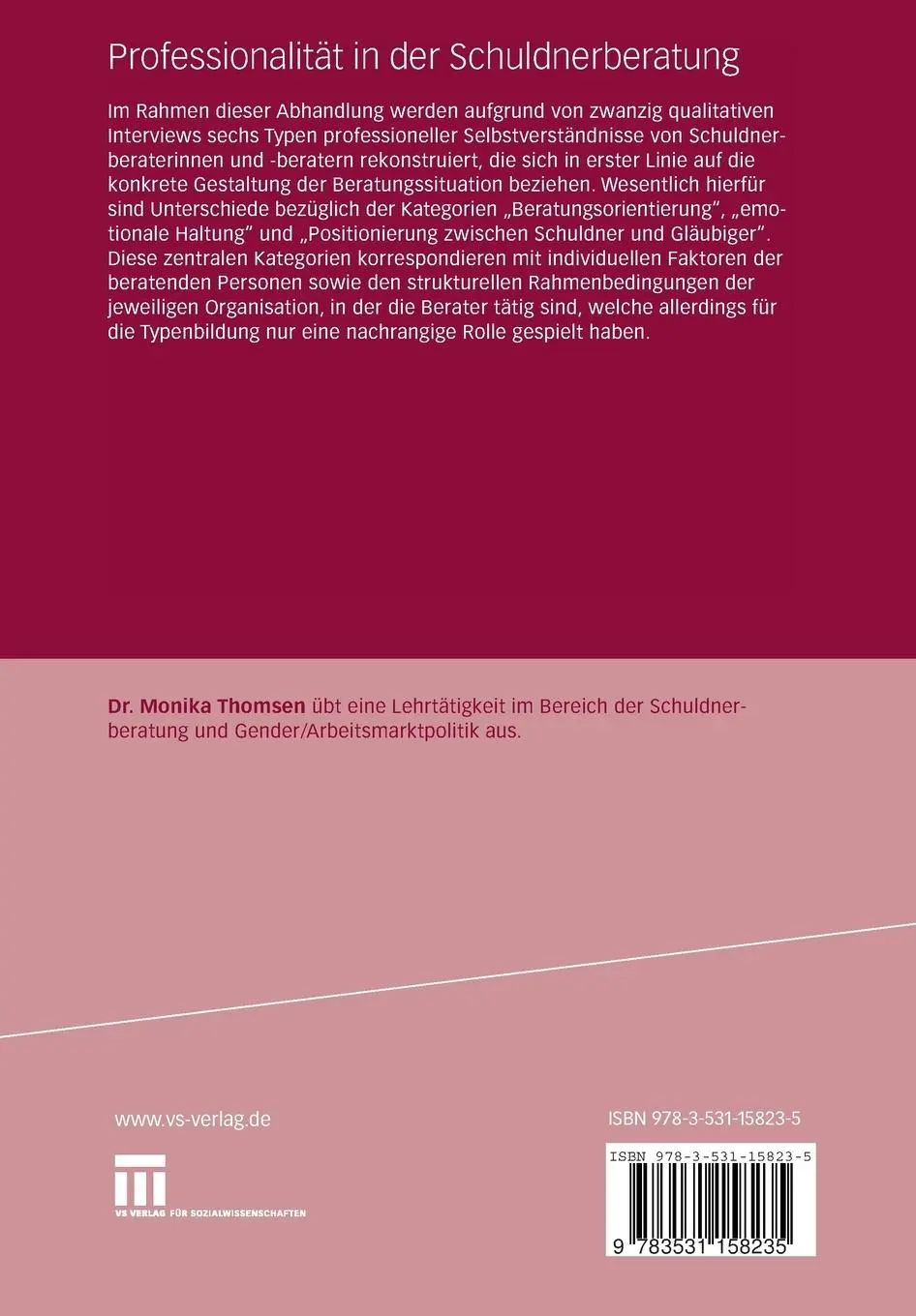Rückseite: 9783531158235 | Professionalität in der Schuldnerberatung | Monika Thomsen | Buch