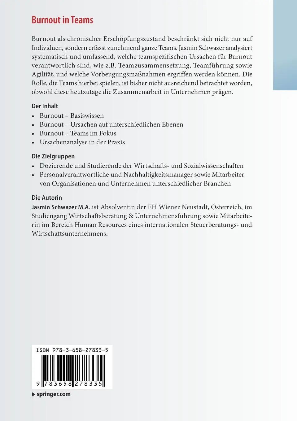 Rückseite: 9783658278335 | Burnout in Teams | Jasmin Schwazer | Taschenbuch | xi | Deutsch | 2019
