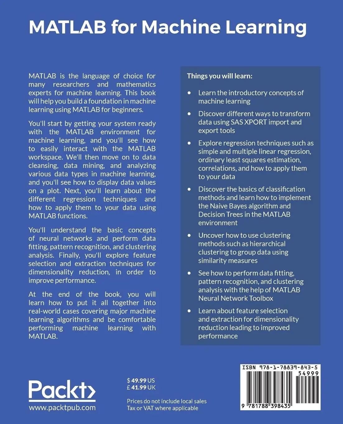 Rückseite: 9781788398435 | MATLAB for Machine Learning | Giuseppe Ciaburro | Taschenbuch | 2017