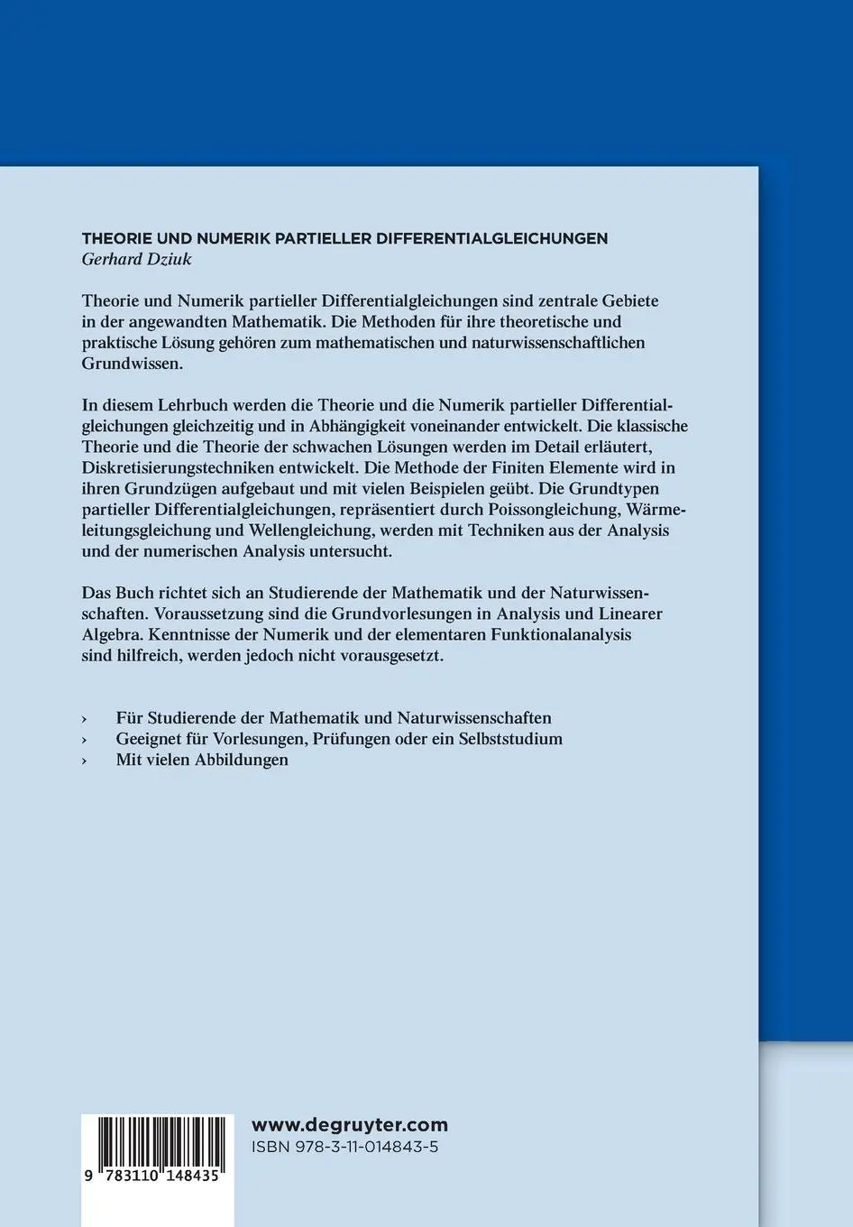 Rückseite: 9783110148435 | Theorie und Numerik partieller Differentialgleichungen | Gerhard Dziuk