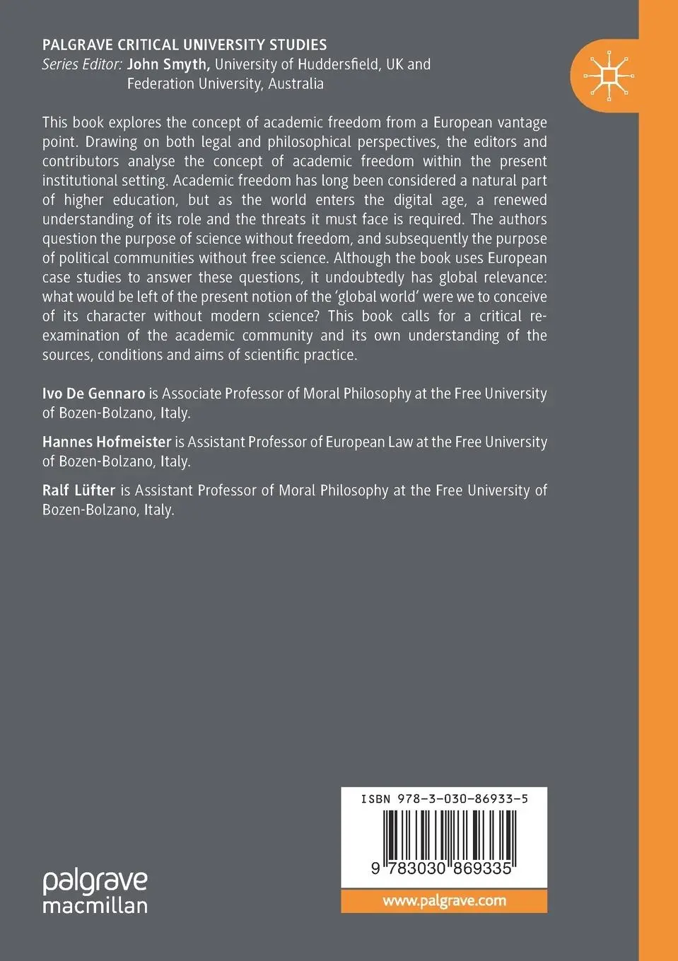 Rückseite: 9783030869335 | Academic Freedom in the European Context | Ivo De Gennaro (u. a.)