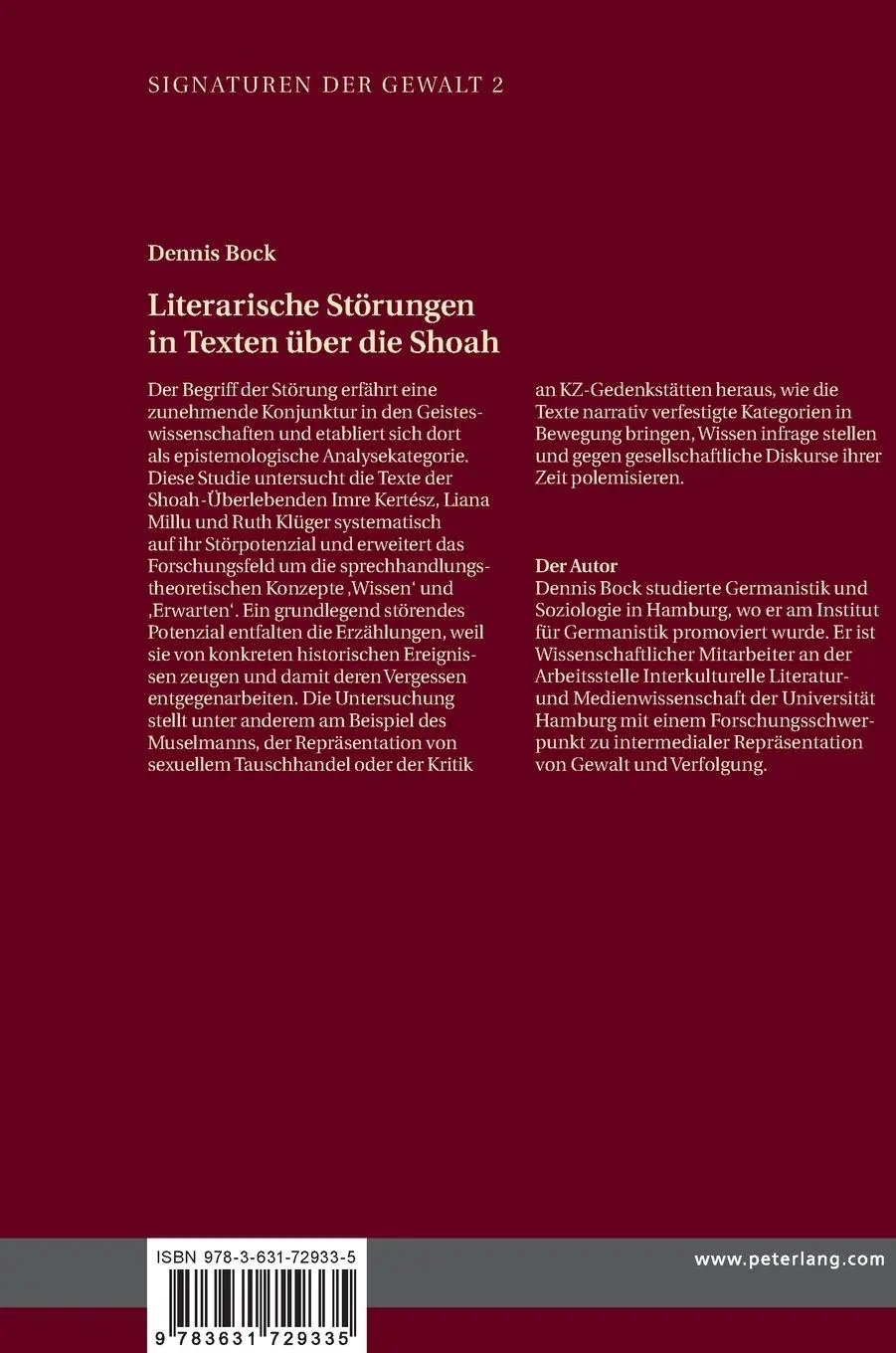Rückseite: 9783631729335 | Literarische Störungen in Texten über die Shoah | Dennis Bock | Buch