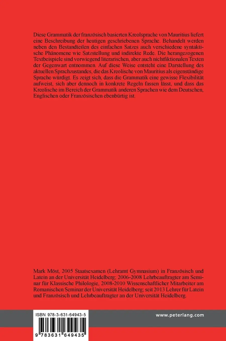 Rückseite: 9783631649435 | Grammatik des Kreolischen von Mauritius | Mark Möst | Buch | Gebunden