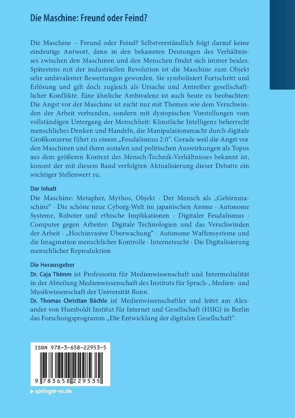 Rückseite: 9783658229535 | Die Maschine: Freund oder Feind? | Thomas Christian Bächle (u. a.)