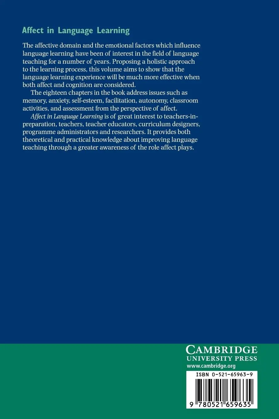 Rückseite: 9780521659635 | Affect in Language Learning | Jane Arnold | Taschenbuch | Englisch