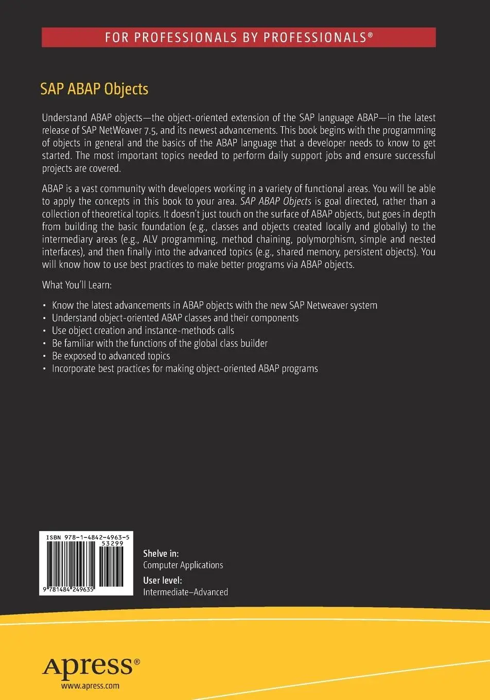 Rückseite: 9781484249635 | SAP ABAP Objects | A Practical Guide to the Basics and Beyond | Zaidi