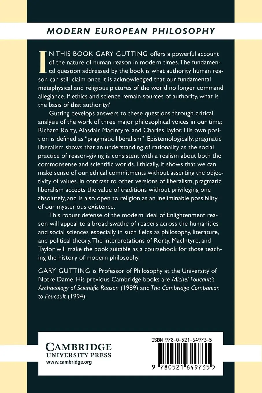 Rückseite: 9780521649735 | Pragmatic Liberalism and the Critique of Modernity | Gary Gutting