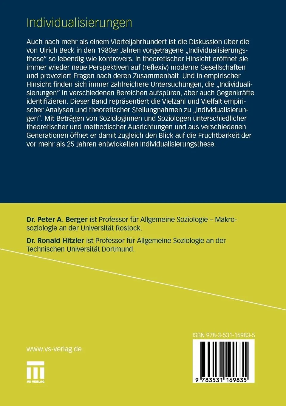 Rückseite: 9783531169835 | Individualisierungen | Ronald Hitzler (u. a.) | Taschenbuch | 347 S.