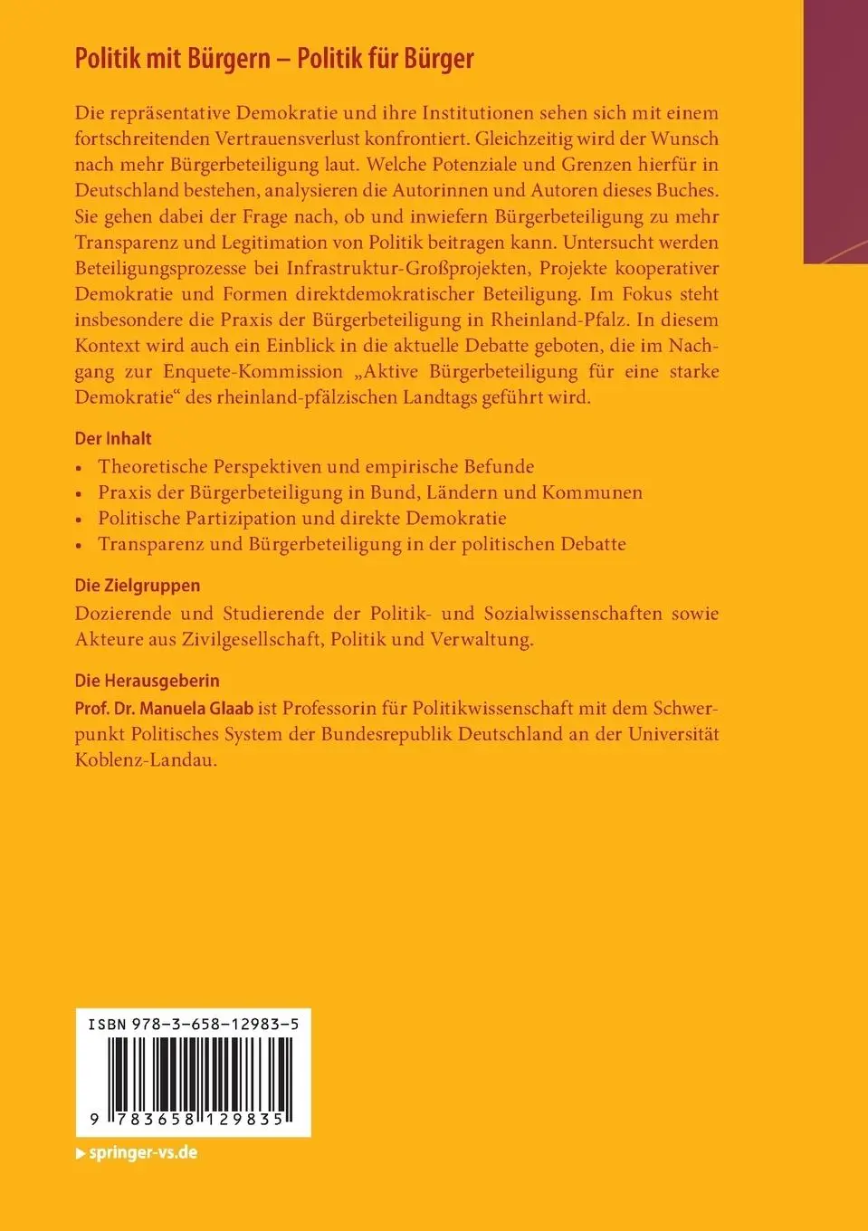 Rückseite: 9783658129835 | Politik mit Bürgern - Politik für Bürger | Manuela Glaab | Taschenbuch