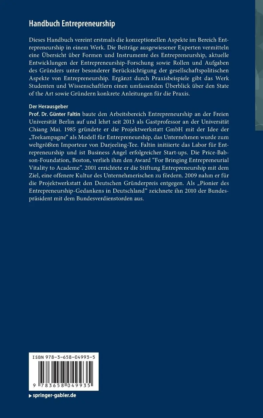Rückseite: 9783658049935 | Handbuch Entrepreneurship | Günter Faltin | Buch | xiv | Deutsch