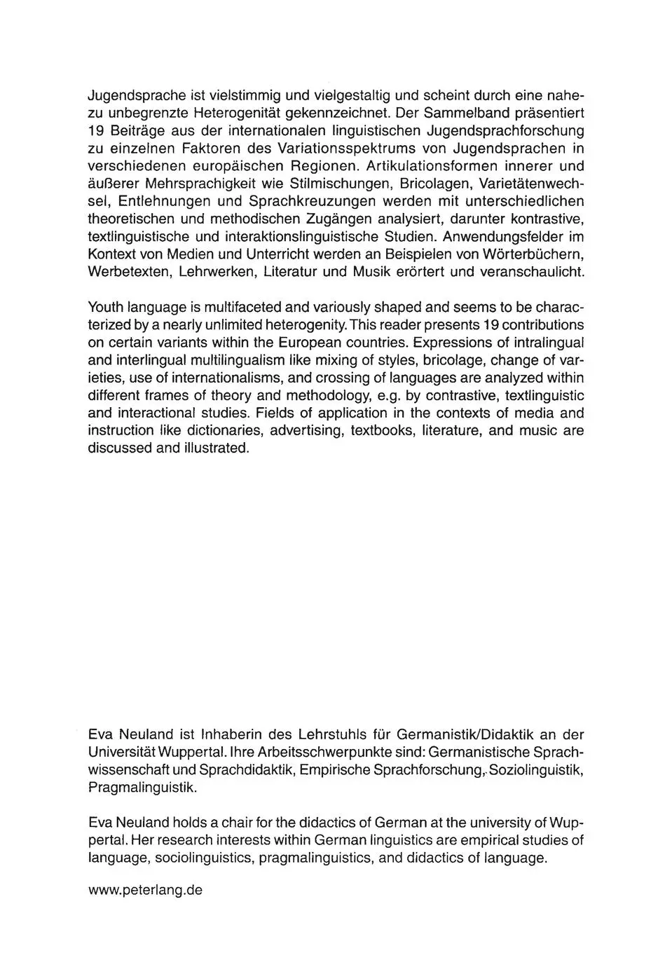 Rückseite: 9783631570036 | Jugendsprachen: mehrsprachig - kontrastiv - interkulturell | Neuland