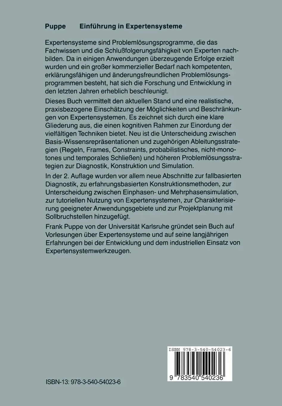 Rückseite: 9783540540236 | Einführung in Expertensysteme | Frank Puppe | Taschenbuch | x | 1991