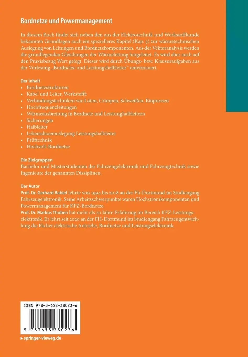 Rückseite: 9783658380236 | Bordnetze und Powermanagement | Markus Thoben (u. a.) | Taschenbuch