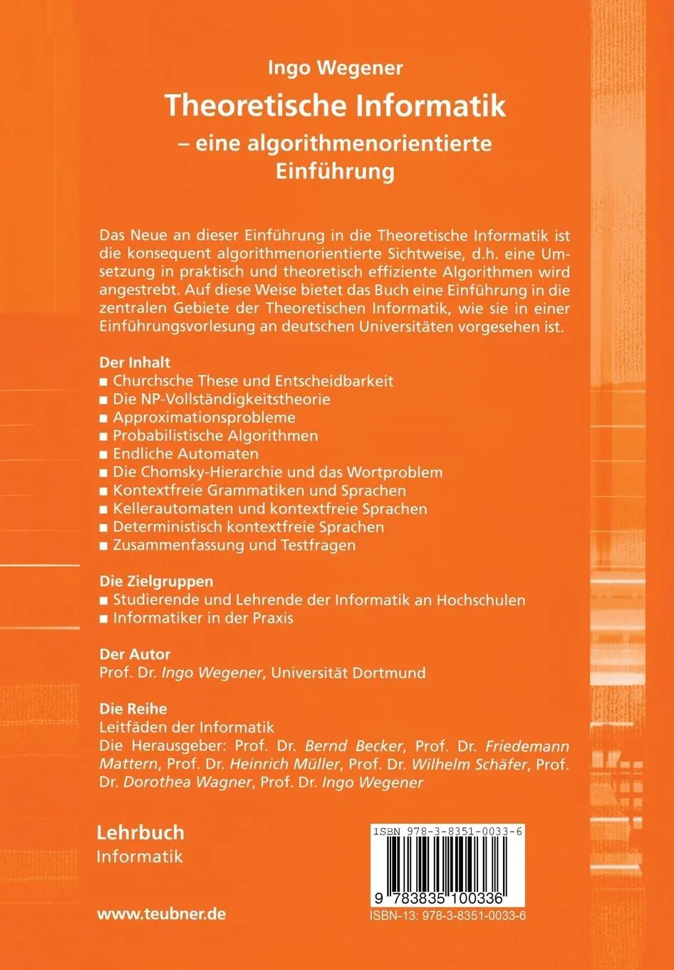 Rückseite: 9783835100336 | Theoretische Informatik | - eine algorithmenorientierte Einführung