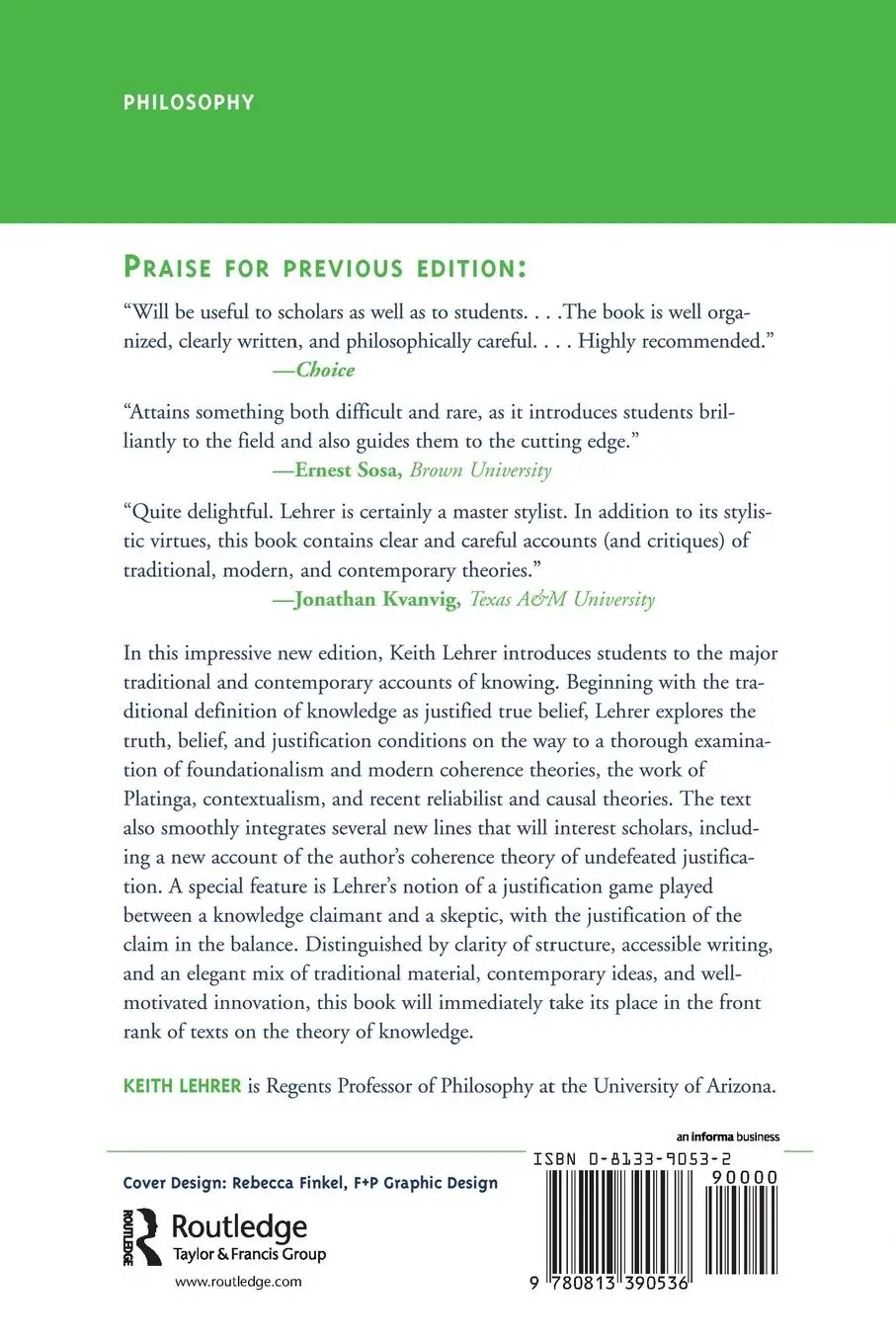 Rückseite: 9780813390536 | Theory Of Knowledge | Second Edition | Keith Lehrer | Taschenbuch