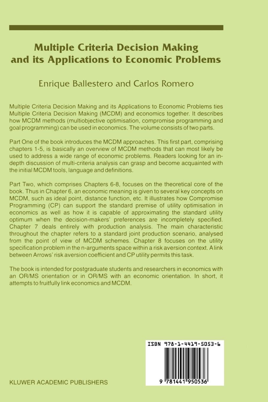 Rückseite: 9781441950536 | Multiple Criteria Decision Making and its Applications to Economic...