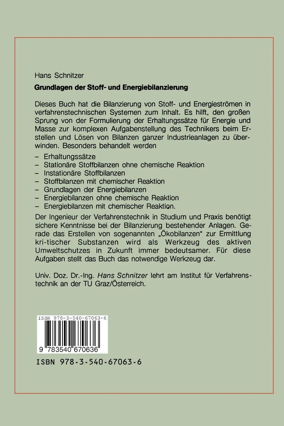 Rückseite: 9783540670636 | Grundlagen der Stoff- und Energiebilanzierung | Hans Schnitzer | Buch
