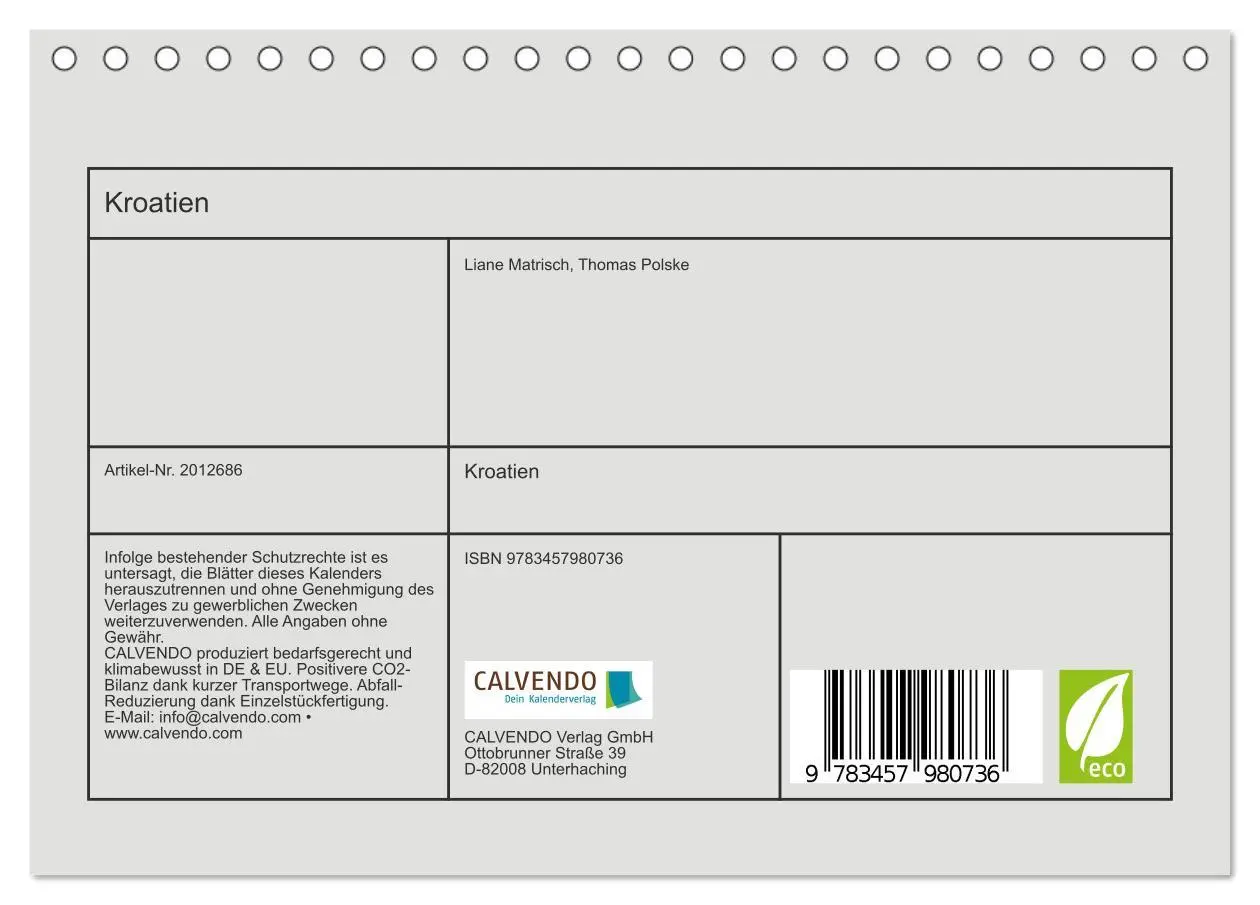 Bild: 9783457980736 | Kroatien (Tischkalender 2026 DIN A5 quer), CALVENDO Monatskalender