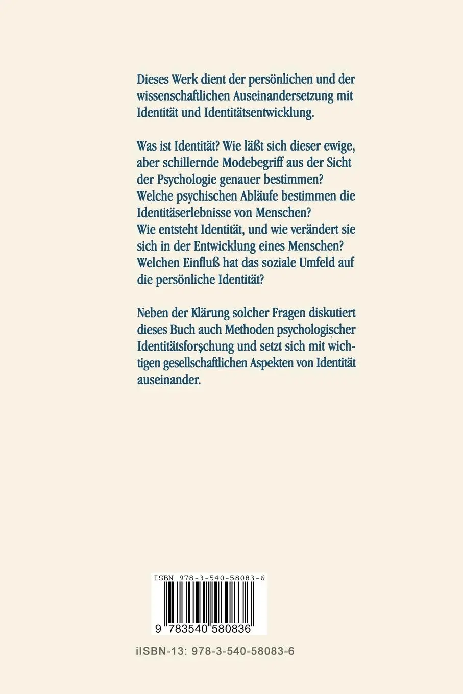 Rückseite: 9783540580836 | Identitätspsychologie | Karl Haußer | Taschenbuch | viii | Deutsch