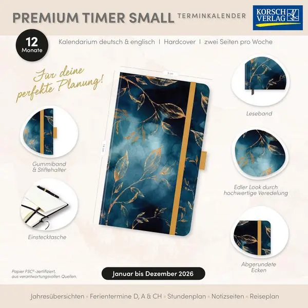 Bild: 9783731890836 | Premium Timer Small "Blätter im Wind" 2026 | Verlag Korsch | Buch