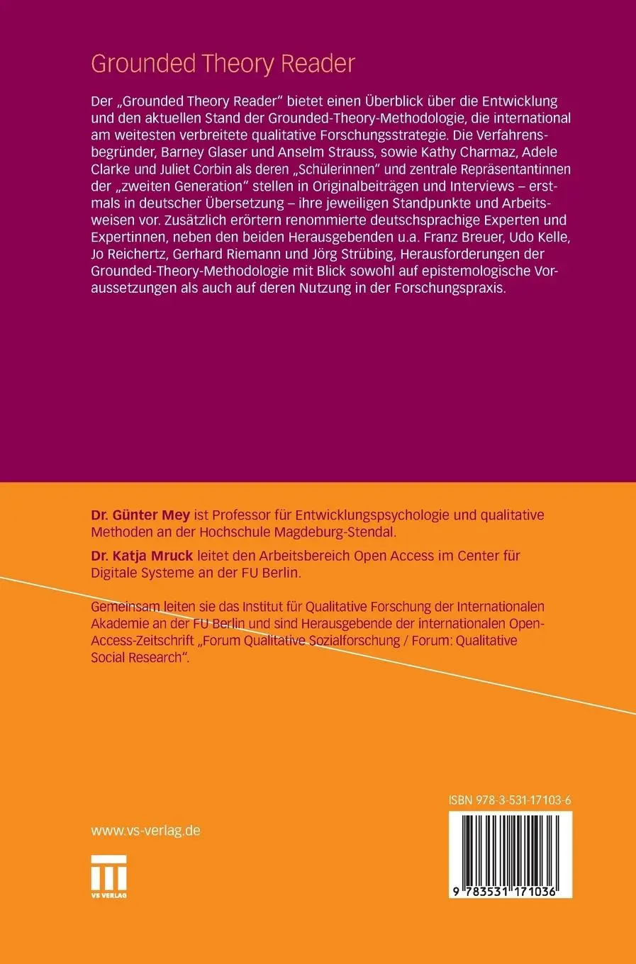 Rückseite: 9783531171036 | Grounded Theory Reader | Katja Mruck (u. a.) | Buch | 468 S. | Deutsch