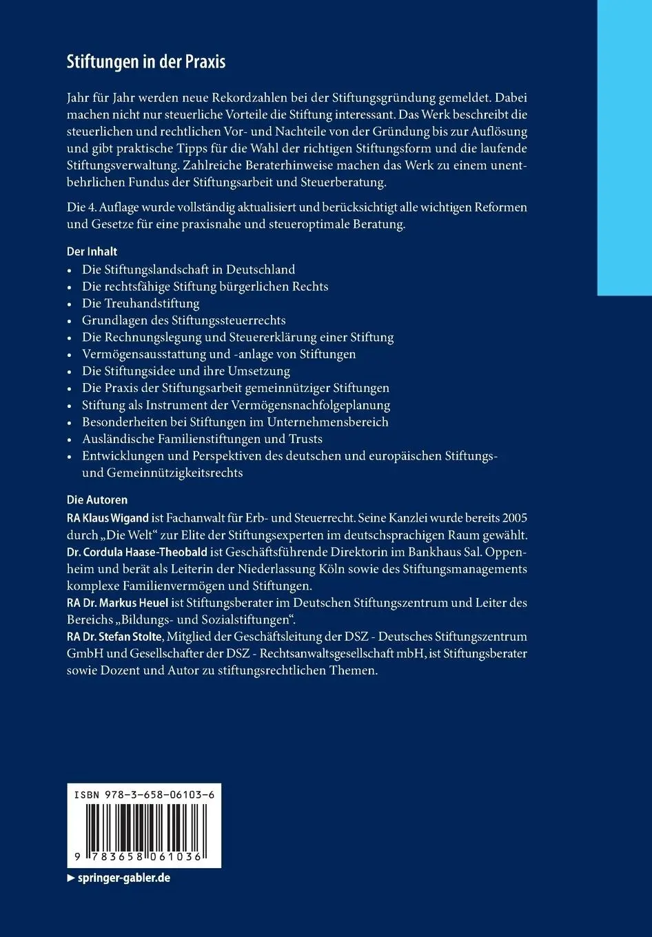 Rückseite: 9783658061036 | Stiftungen in der Praxis | Recht, Steuern, Beratung | Wigand (u. a.)