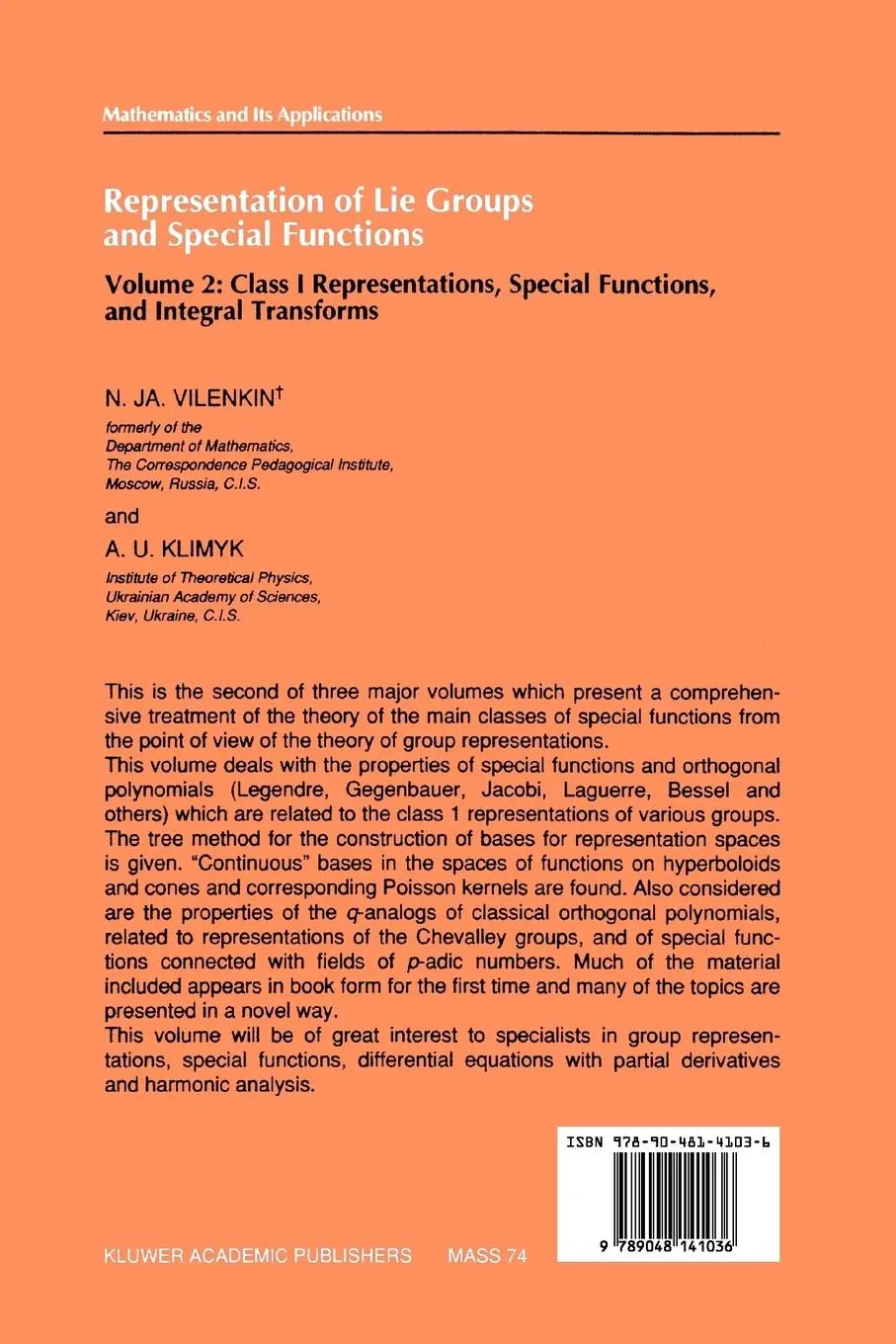 Rückseite: 9789048141036 | Representation of Lie Groups and Special Functions | Vilenkin (u. a.)