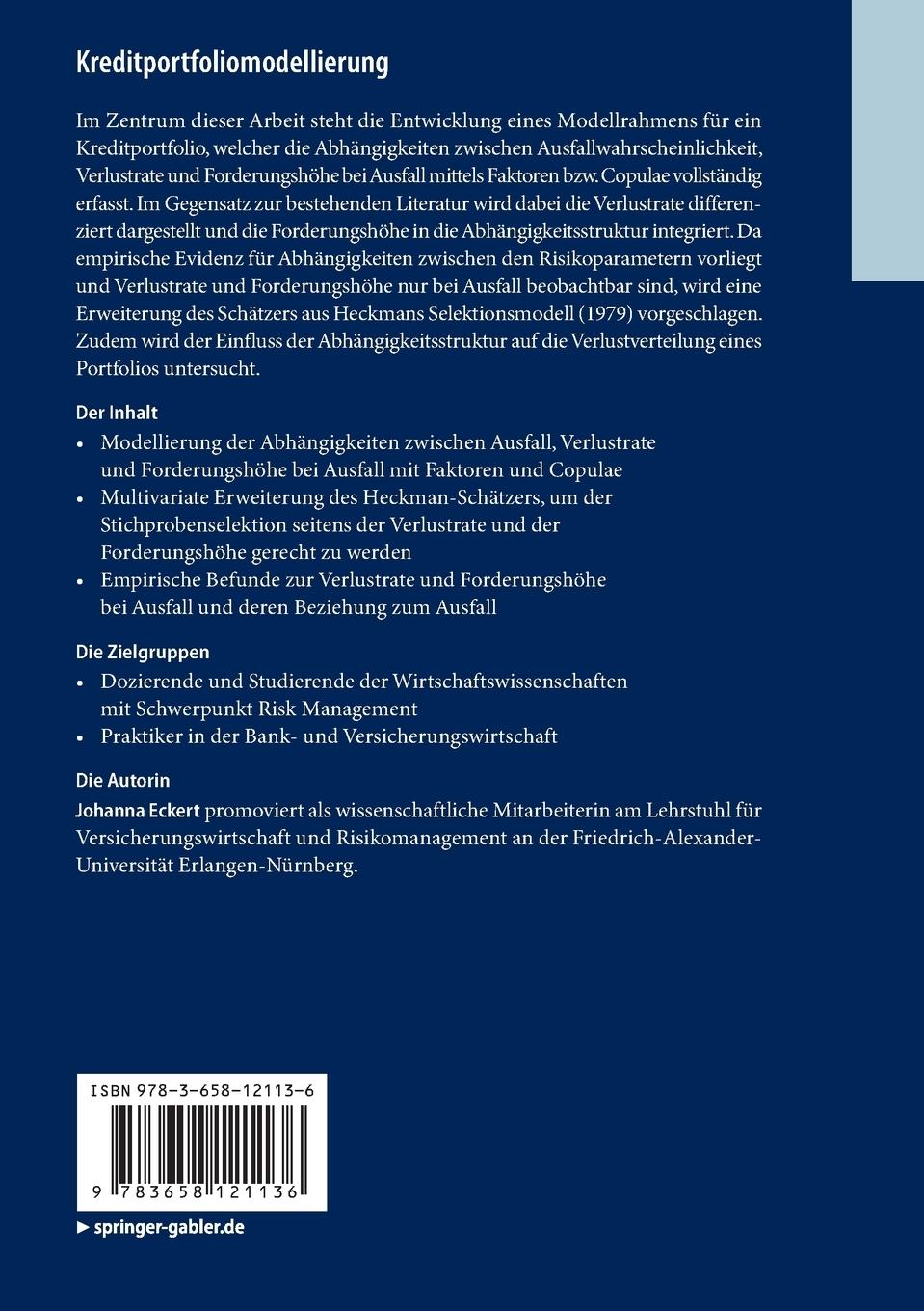 Rückseite: 9783658121136 | Kreditportfoliomodellierung | Johanna Eckert | Taschenbuch | xi | 2015