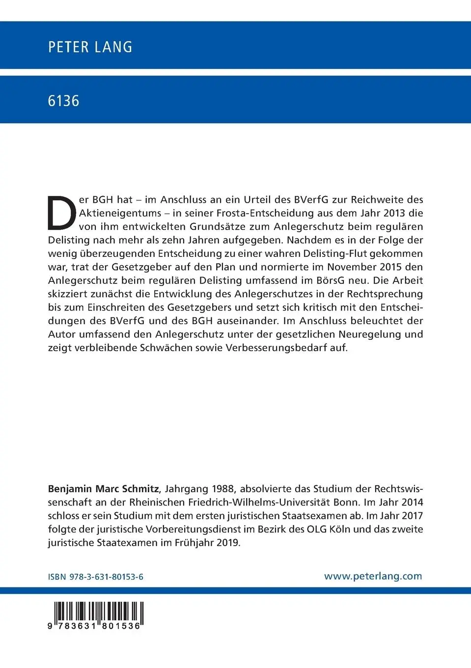 Rückseite: 9783631801536 | Die Entwicklung des Anlegerschutzes beim regulären Delisting in...