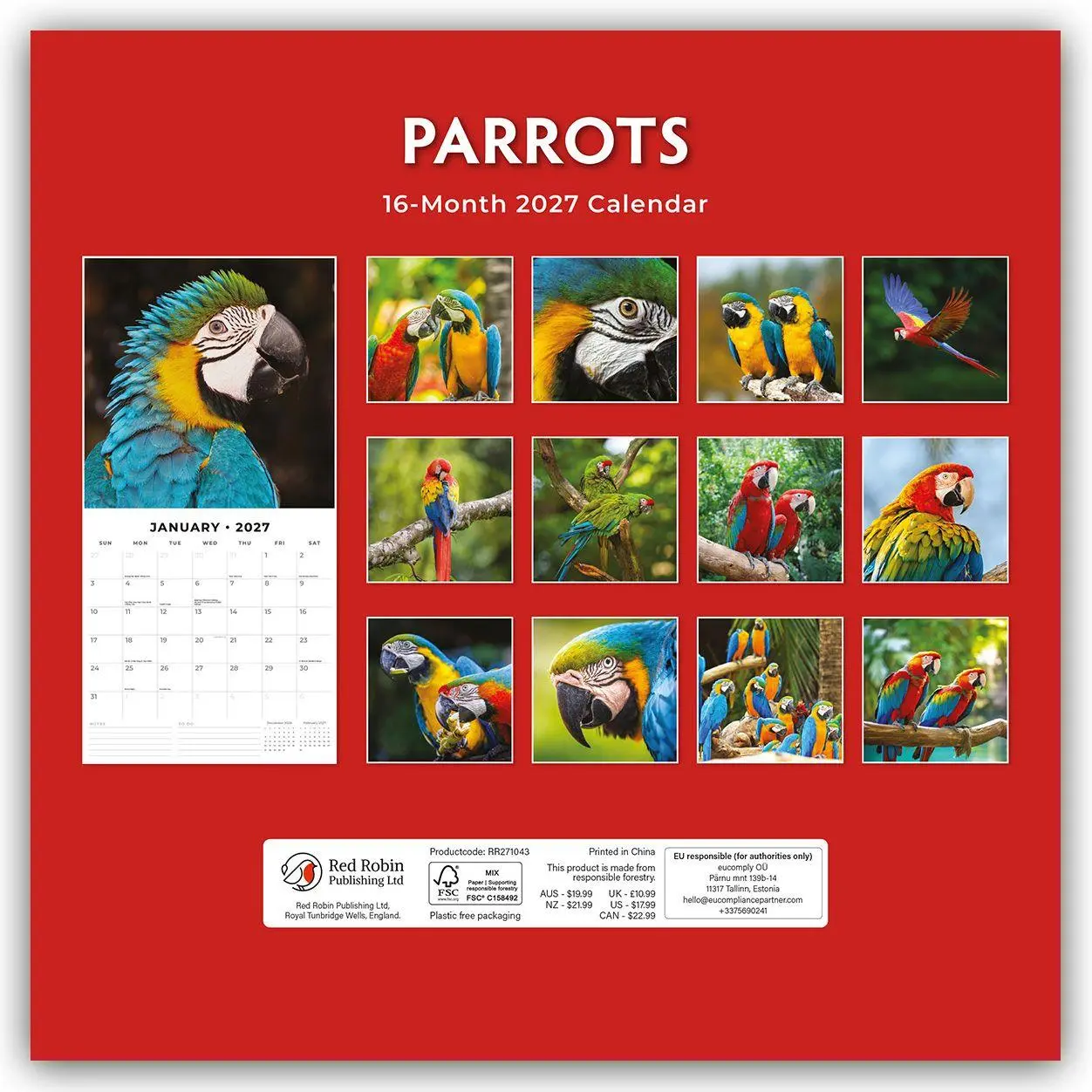 Rückseite: 9781837011636 | Parrots - Papageien 2027 - 16-Monatskalender | Robin Red | Kalender