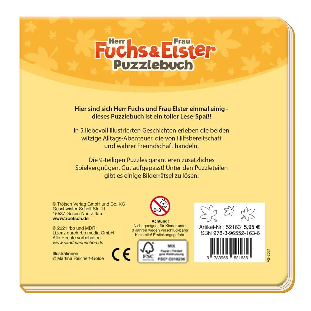 Rückseite: 9783965521636 | Trötsch Unser Sandmännchen Puzzlebuch mit 4 Puzzle Fuchs und Elster