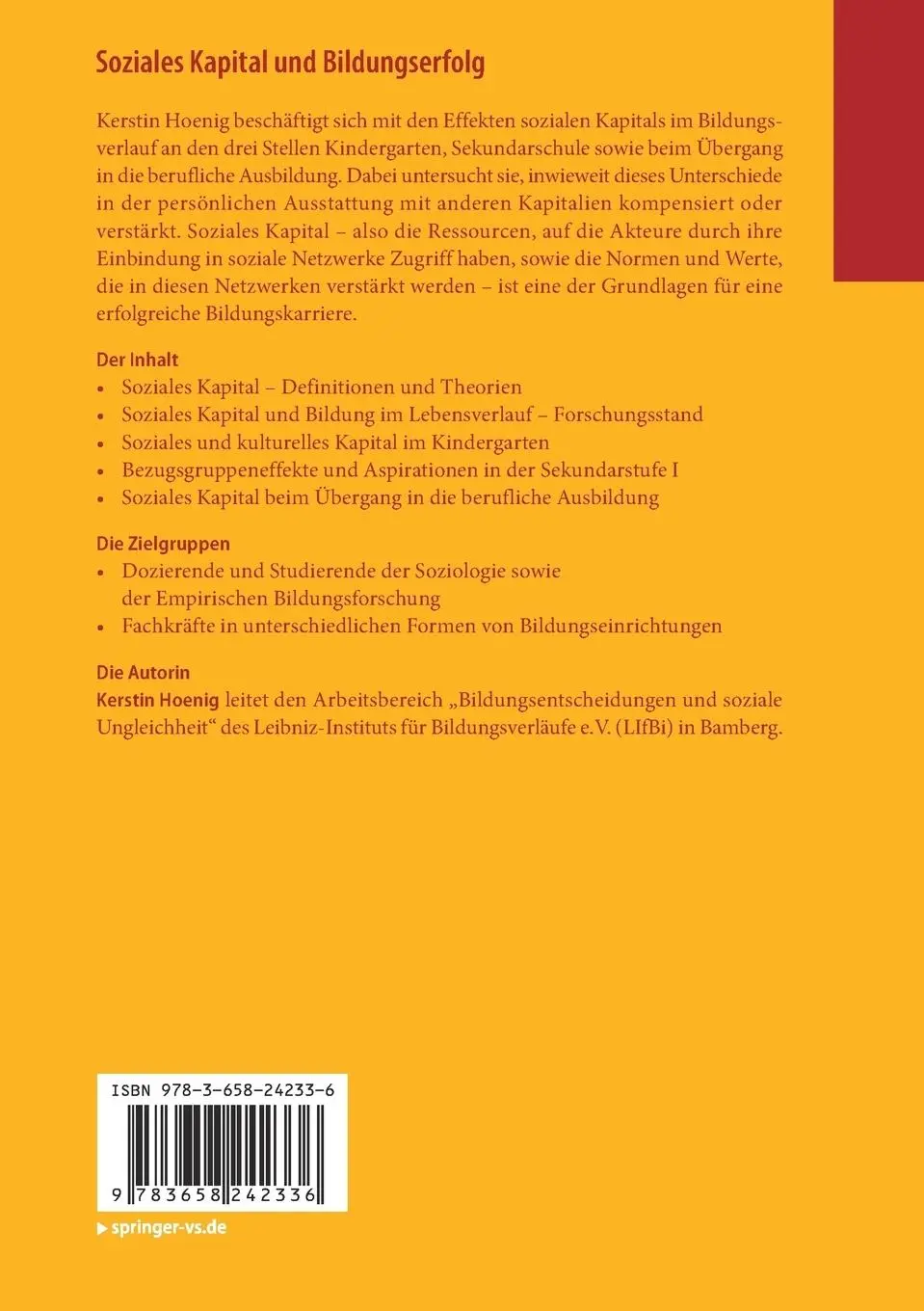 Rückseite: 9783658242336 | Soziales Kapital und Bildungserfolg | Kerstin Hoenig | Taschenbuch