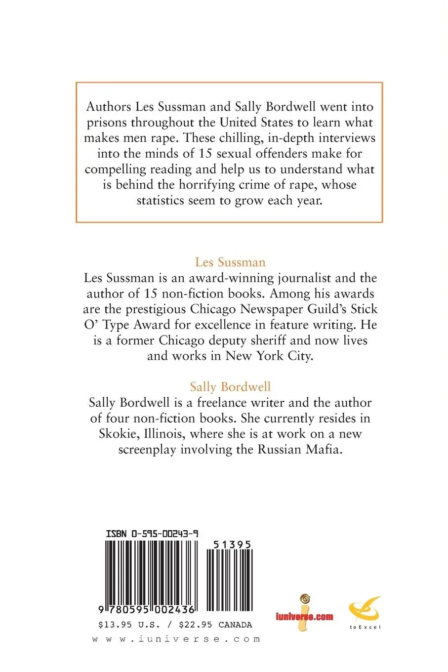Rückseite: 9780595002436 | The Rapist File | Interviews with Convicted Rapists | Sussman (u. a.)