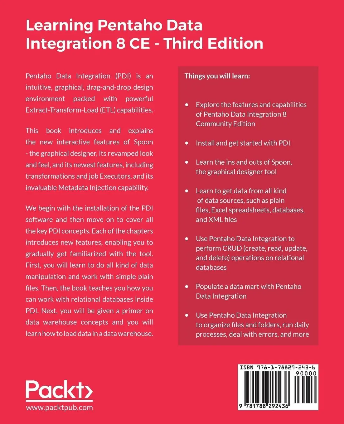 Rückseite: 9781788292436 | Learning Pentaho Data Integration 8 CE - Third Edition | Roldán | Buch