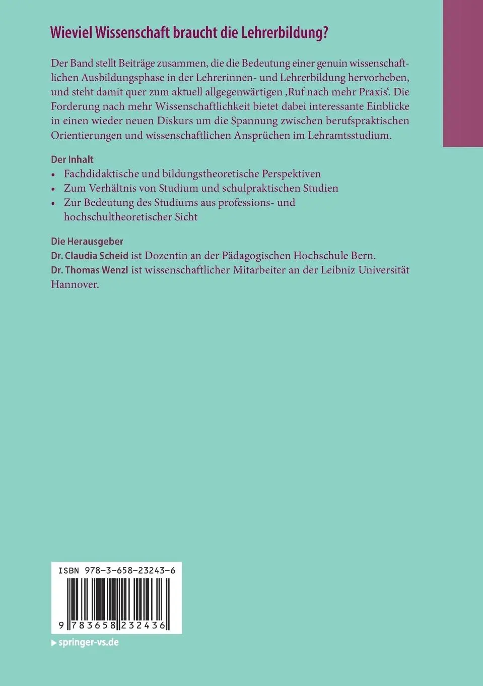 Rückseite: 9783658232436 | Wieviel Wissenschaft braucht die Lehrerbildung? | Thomas Wenzl (u. a.)