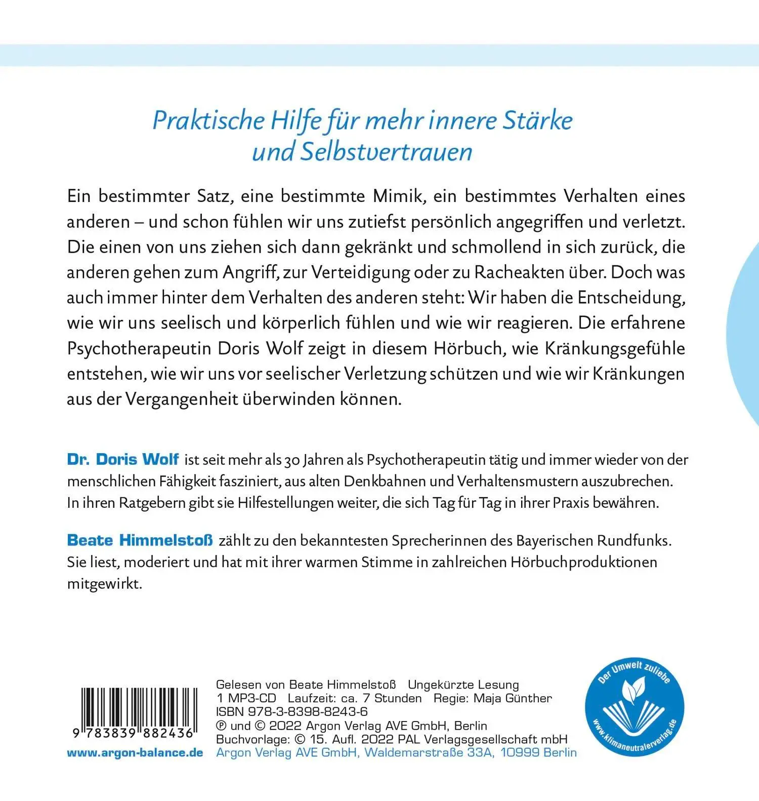 Rückseite: 9783839882436 | Ab heute kränkt mich niemand mehr | Doris Wolf | MP3 | 1 Audio-CD
