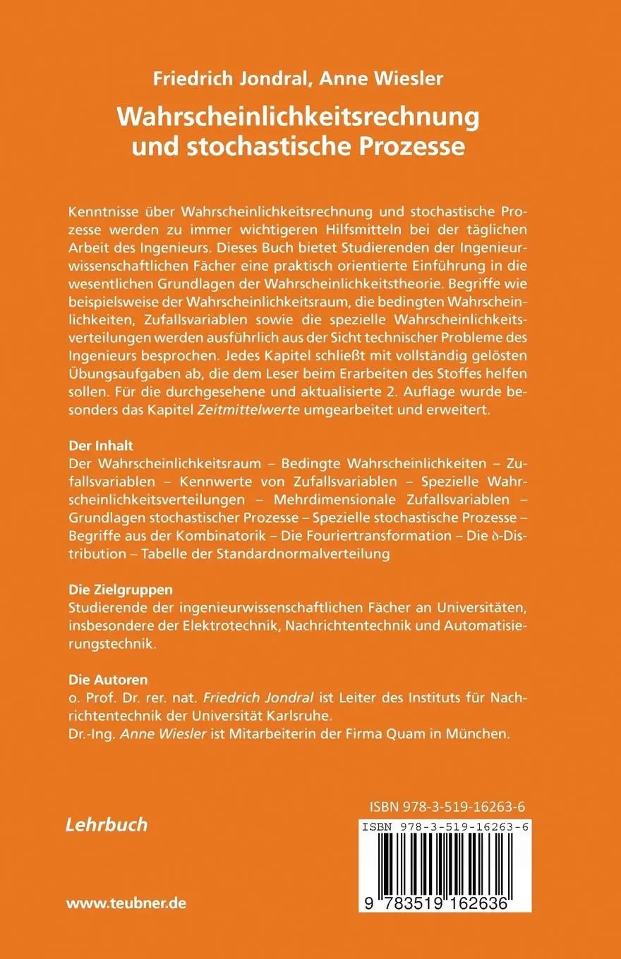 Rückseite: 9783519162636 | Wahrscheinlichkeitsrechnung und stochastische Prozesse | Taschenbuch