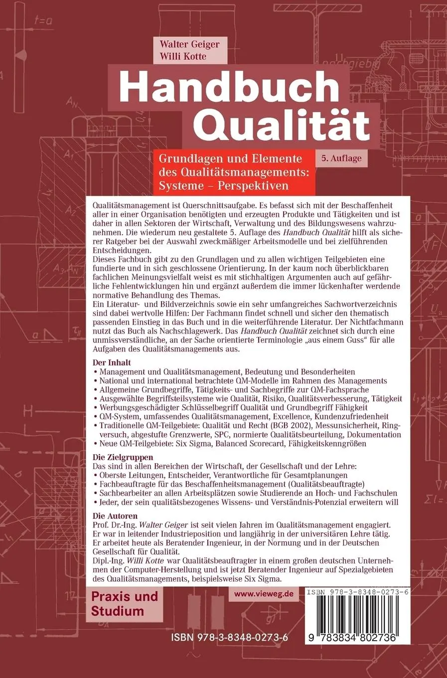 Rückseite: 9783834802736 | Handbuch Qualität | Willi Kotte (u. a.) | Buch | xxiv | Deutsch | 2007